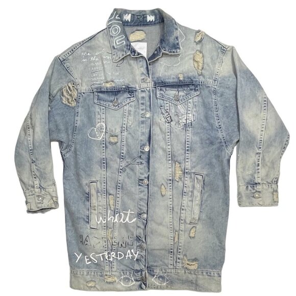 ZARA TRAFALUC DENIM Destroyed Graffiti Long Jean Jacket Women Small 90s Grunge - Picture 16 of 16